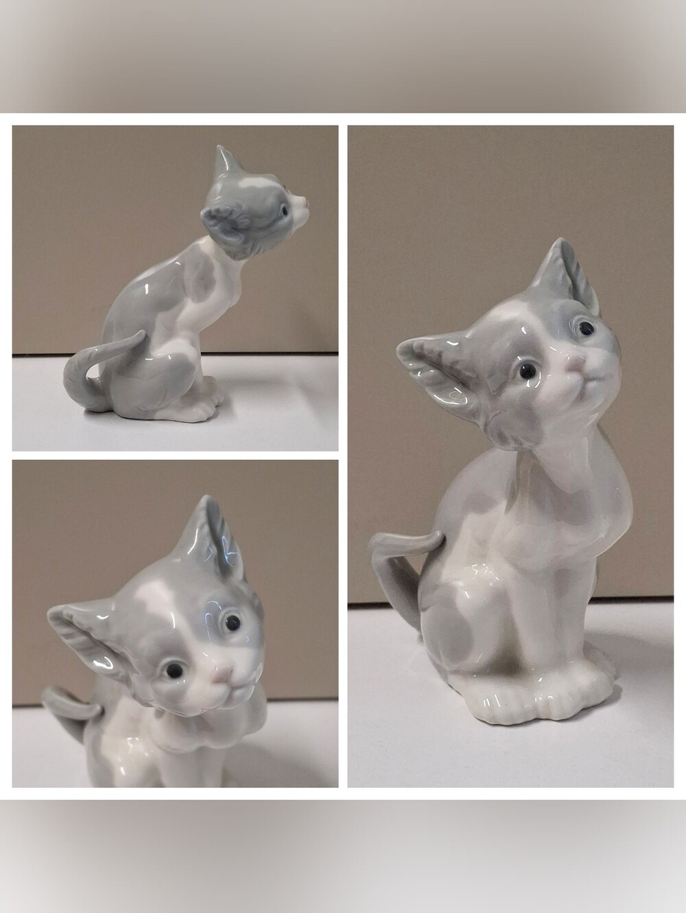 Vintage 1981 LLADRO Gray and White Feed me Cat Figurine 5.5" Tall